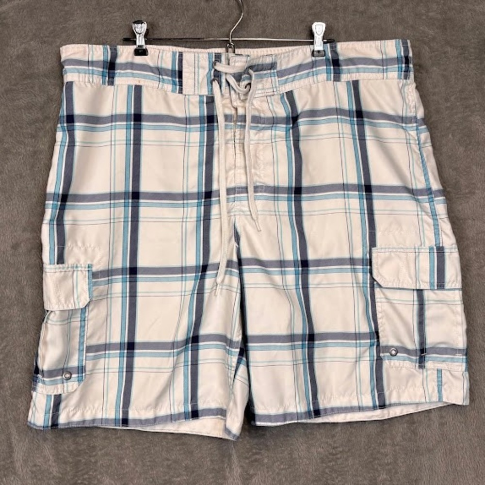 Merona Men XL Plaid Board Shorts Blue White Cargo Pocket Swim Trunks Mesh Lining